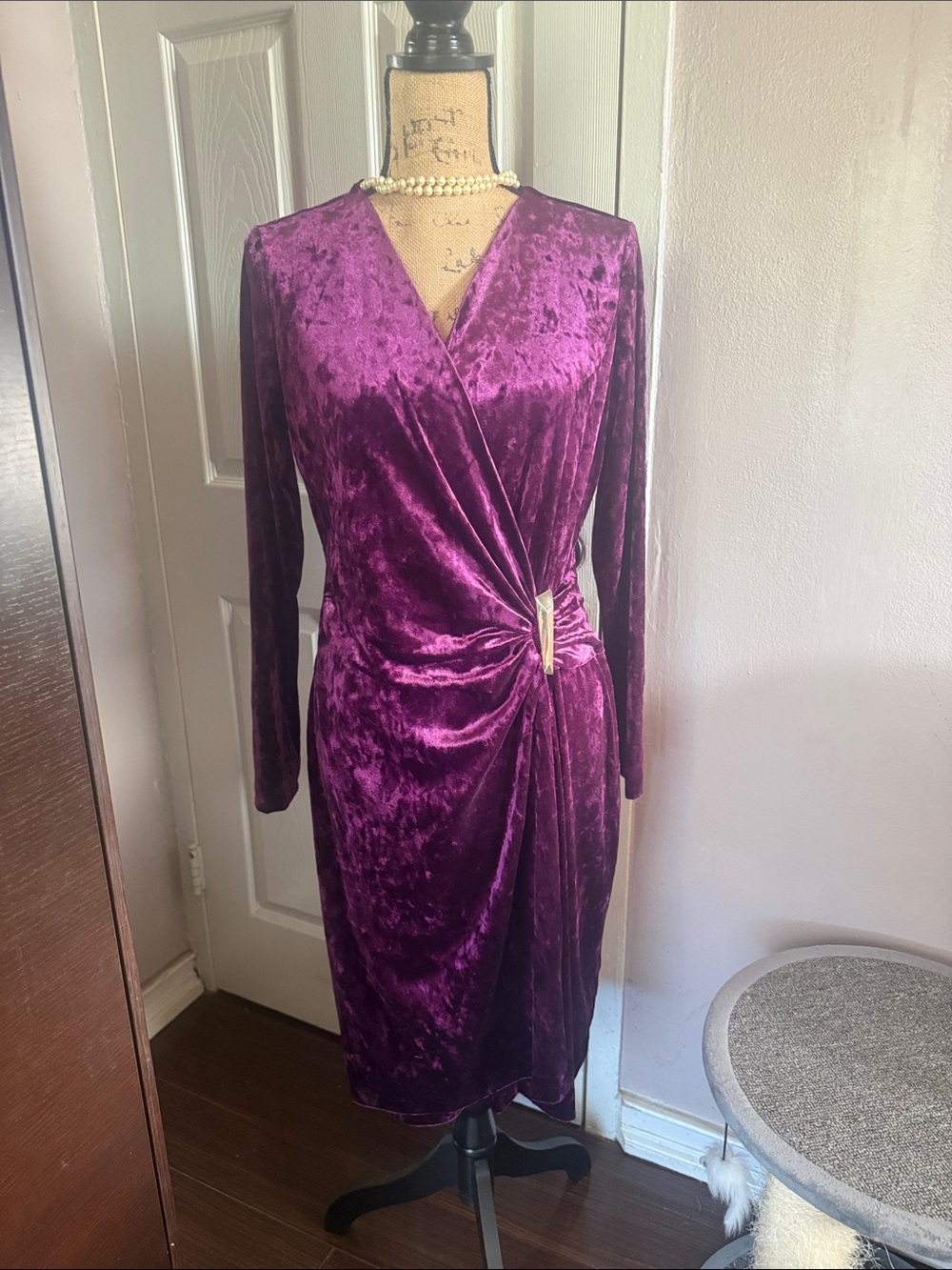 Calvin Klein Purple Velvet Wrap Dress with Gold Accent